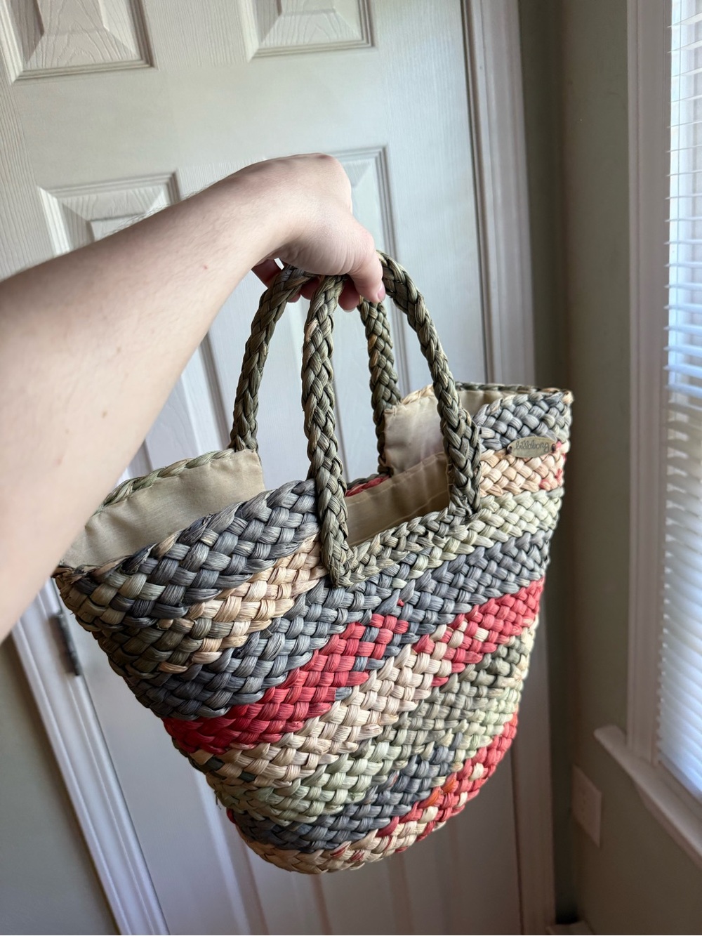 Billabong Multicolor Braided Straw Tote - Gray, Cream, Coral, Green
